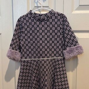 Janie and Jack Black and Lilac Floral Dress with Fur Trim